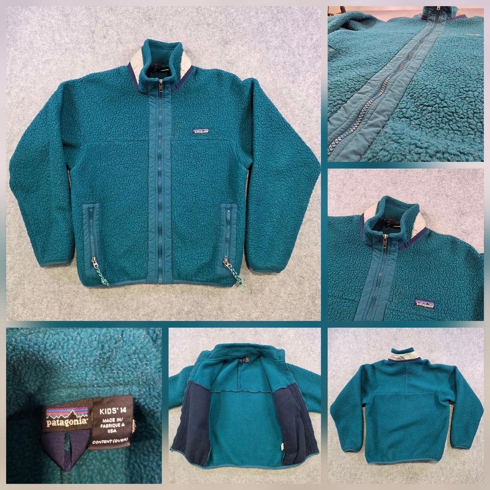 Vintage Patagonia Fleece Jacket Kids 14 Green High Pile Sherpa Full Zip USA 90s